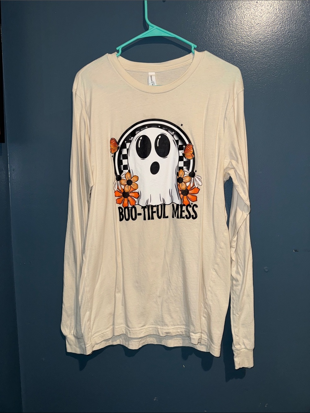 Cream Long Sleeve Tee with Halloween Ghost Graphic